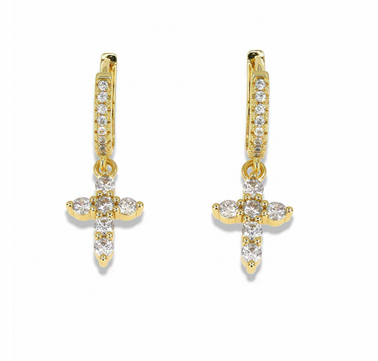 MINI CROSS HUGGIE EARRINGS - PAVE CZ HOOP, CLEAR OR BLACK