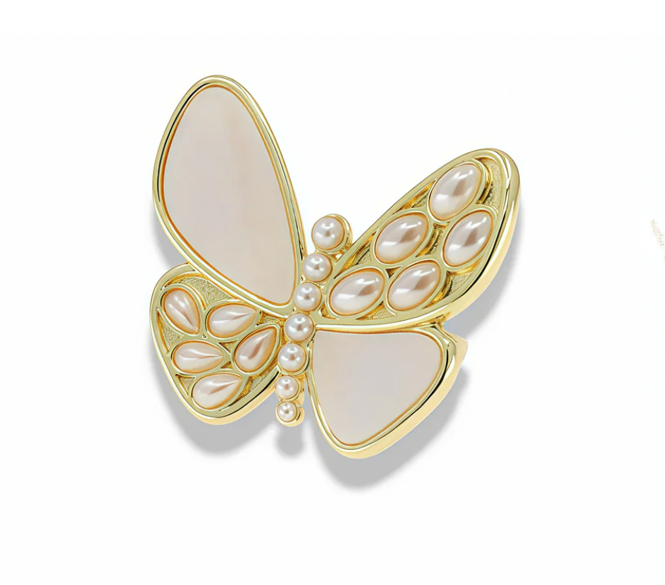 Gold Butterfly Statement Ring with Mother of Pearl Details