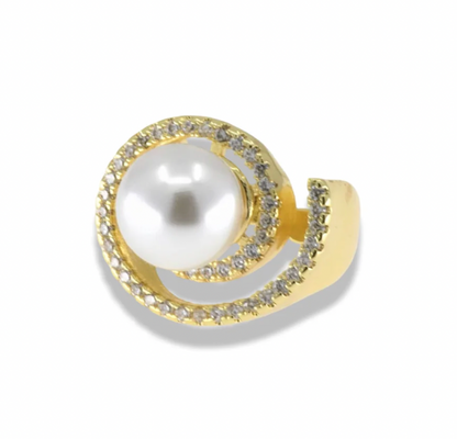 Gold Pavé Spiral Pearl Ring