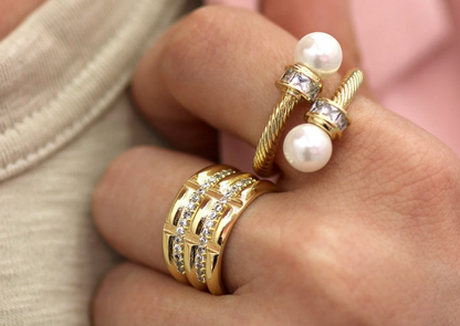 Open gold rope texture ring with pearl and cz accents – adjustable