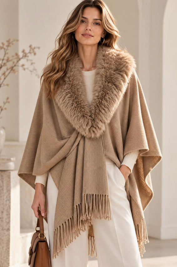 Faux Fur Collar Trim Fringe Shawl Poncho - Camel