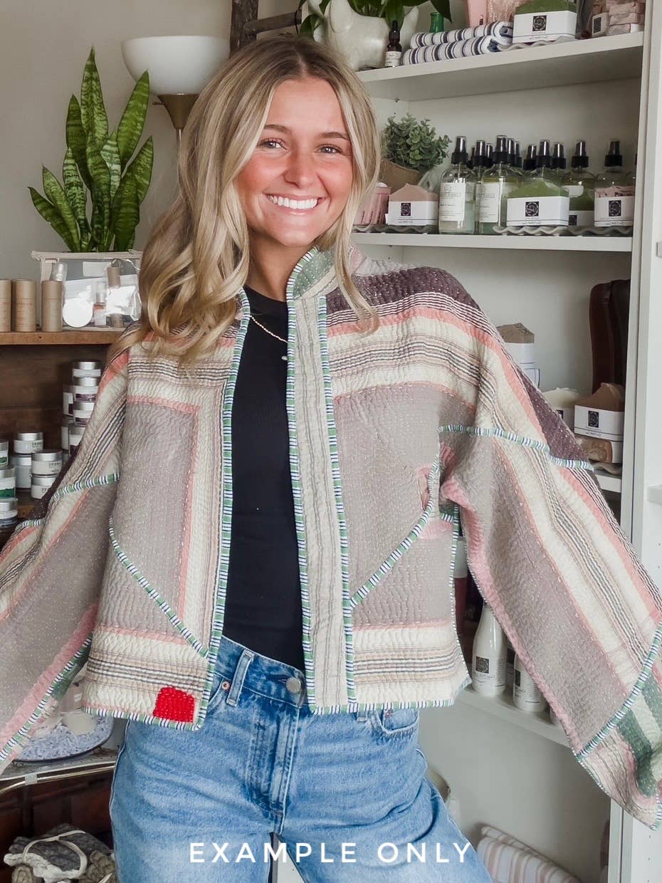 One of a Kind- Vintage Kantha Patchwork Bomber - Green