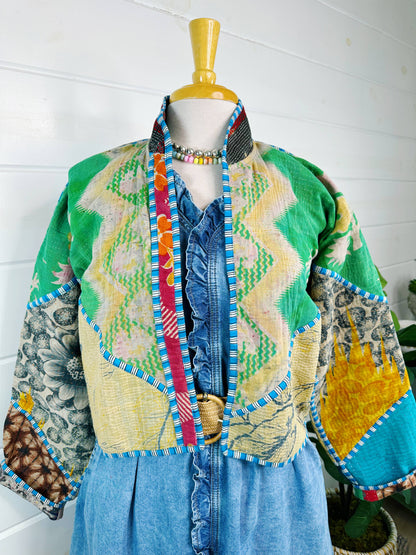 One of a Kind- Vintage Kantha Patchwork Bomber - Green