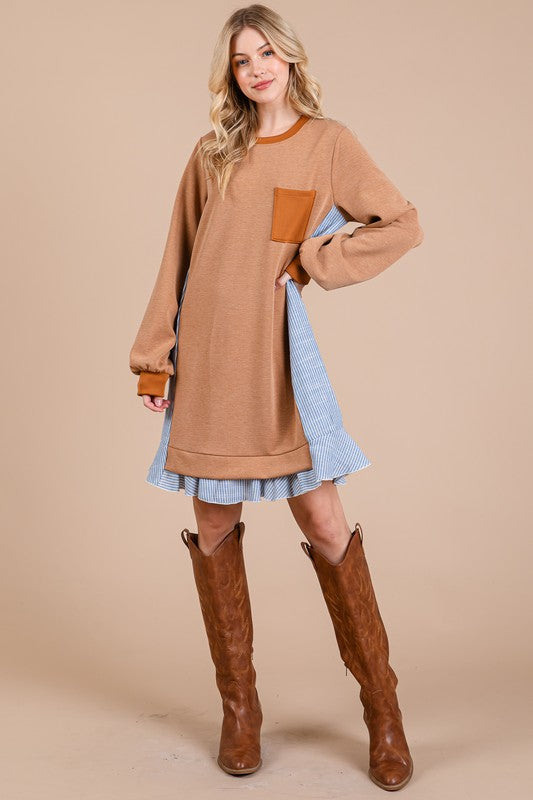 Striped Patchwork Round Neck Terry Sweatshirt Dress