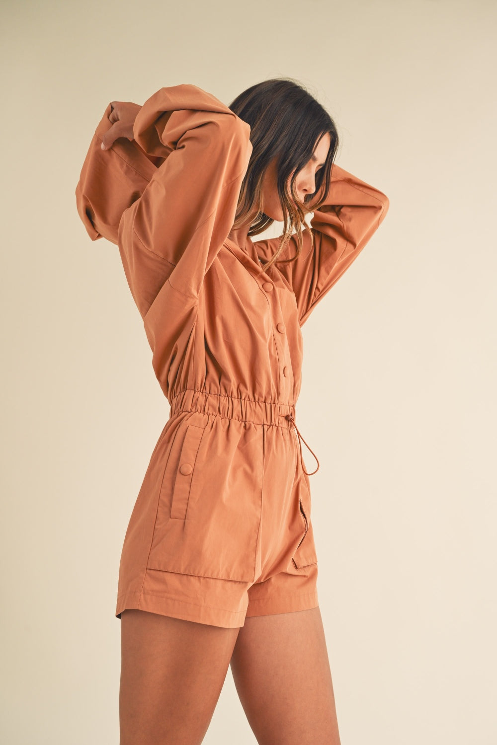 Snap Down Long Sleeve Hooded Romper